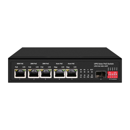 POE SWITCH 5 PORTER + 1 SFP KOMPATIBEL MED SOLCELLEPANEL