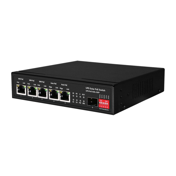 POE SWITCH 5 PORTER + 1 SFP KOMPATIBEL MED SOLCELLEPANEL