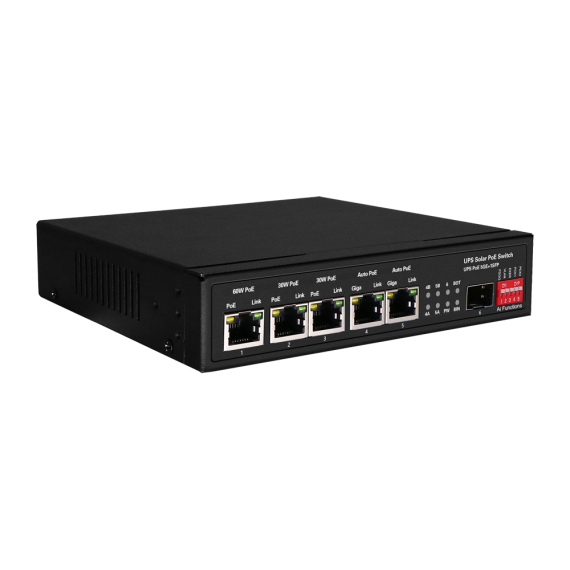 POE SWITCH 5 PORTER + 1 SFP KOMPATIBEL MED SOLCELLEPANEL